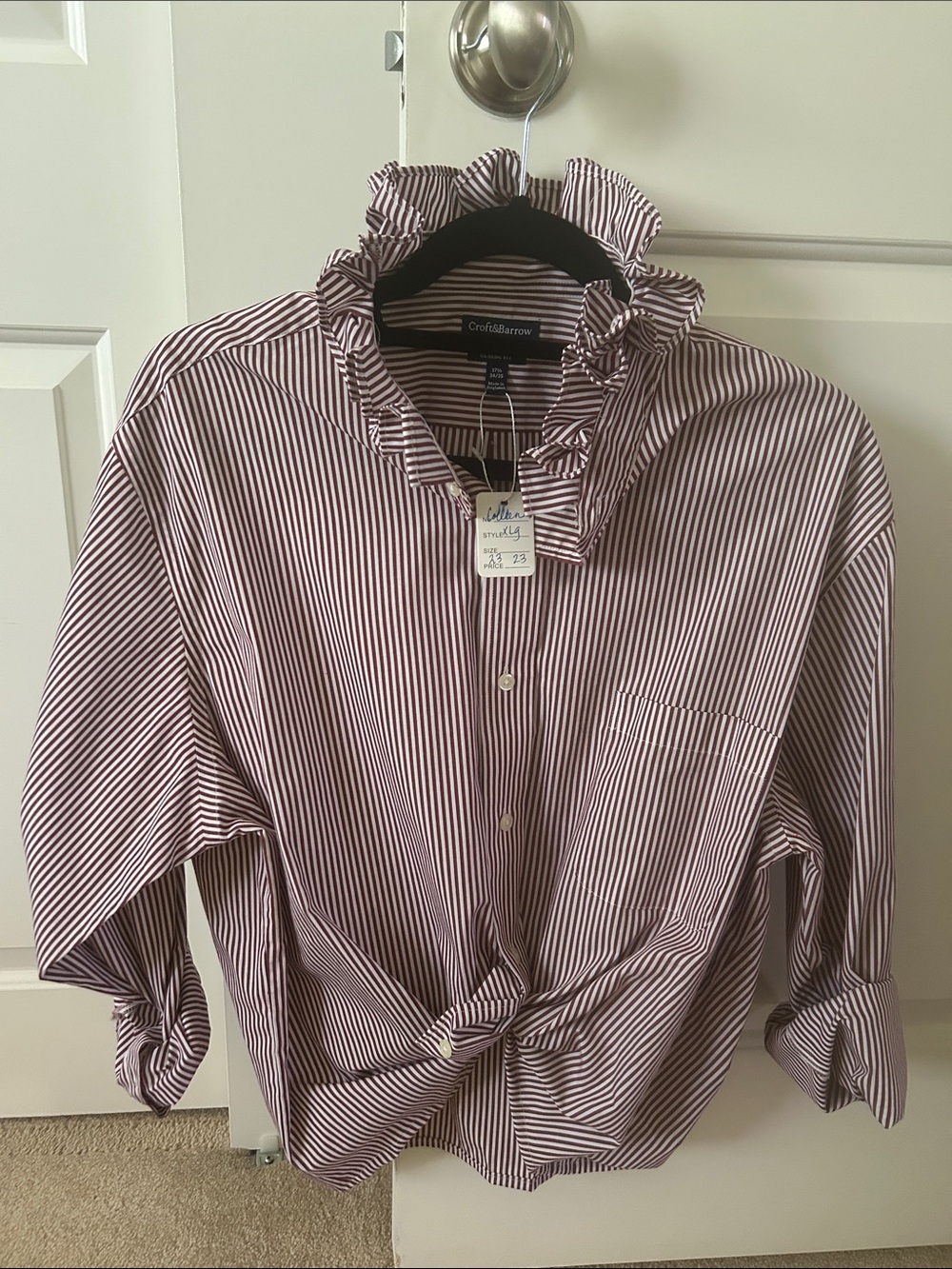 Burgundy and White Striped Ruffle-Collar  Blouse recreated from a man’s shirt
